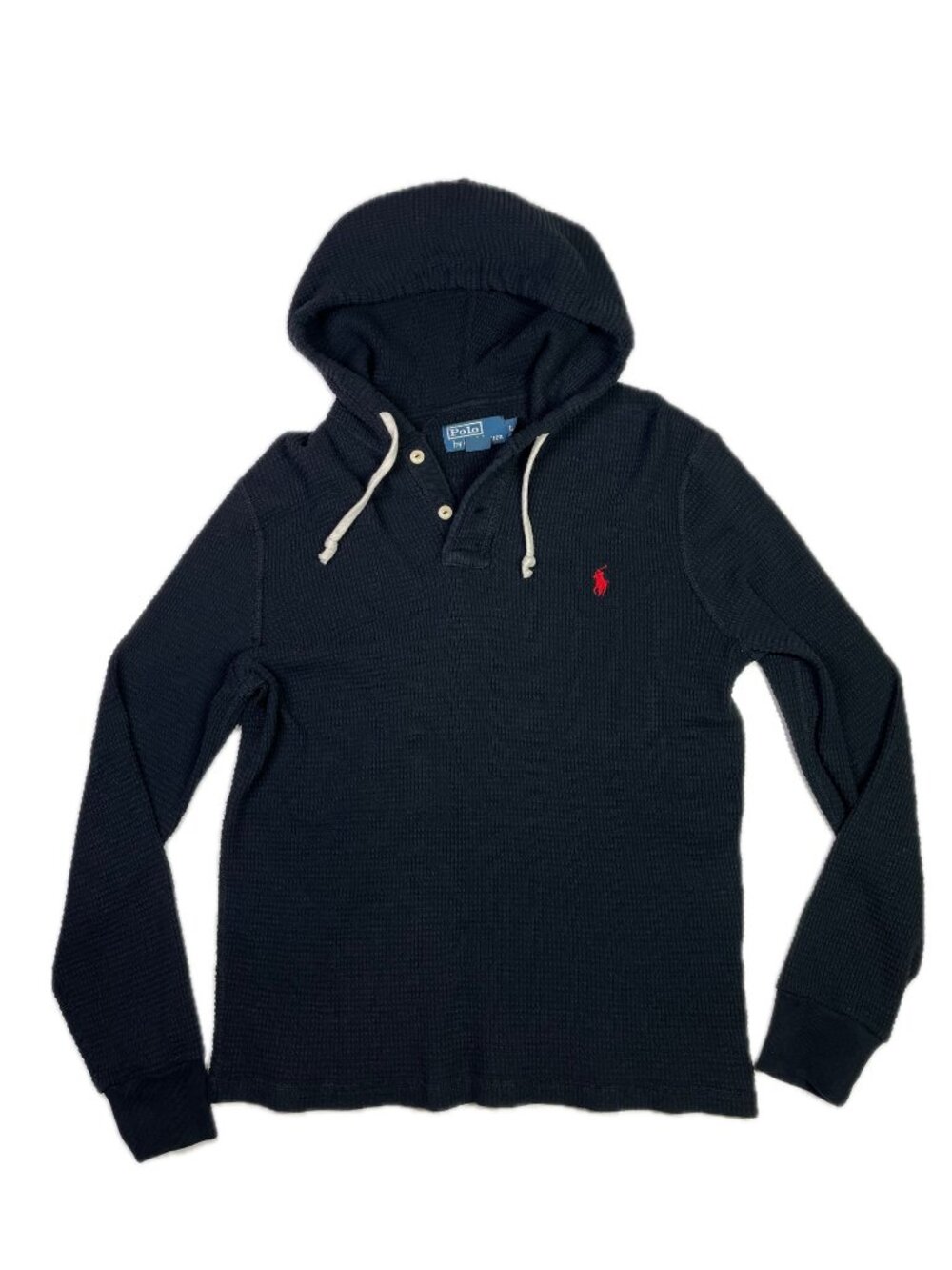 POLO Ralph Lauren Size L Black Thermal Waffle Knit Hoodie Top Long Sleeve